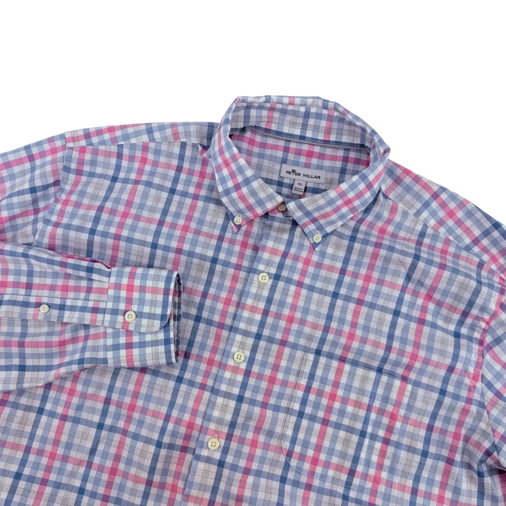 Peter Millar Crown Mens XL Blue‎ Pink Plaid Cotton Button Down Shirt MS21W18NBL